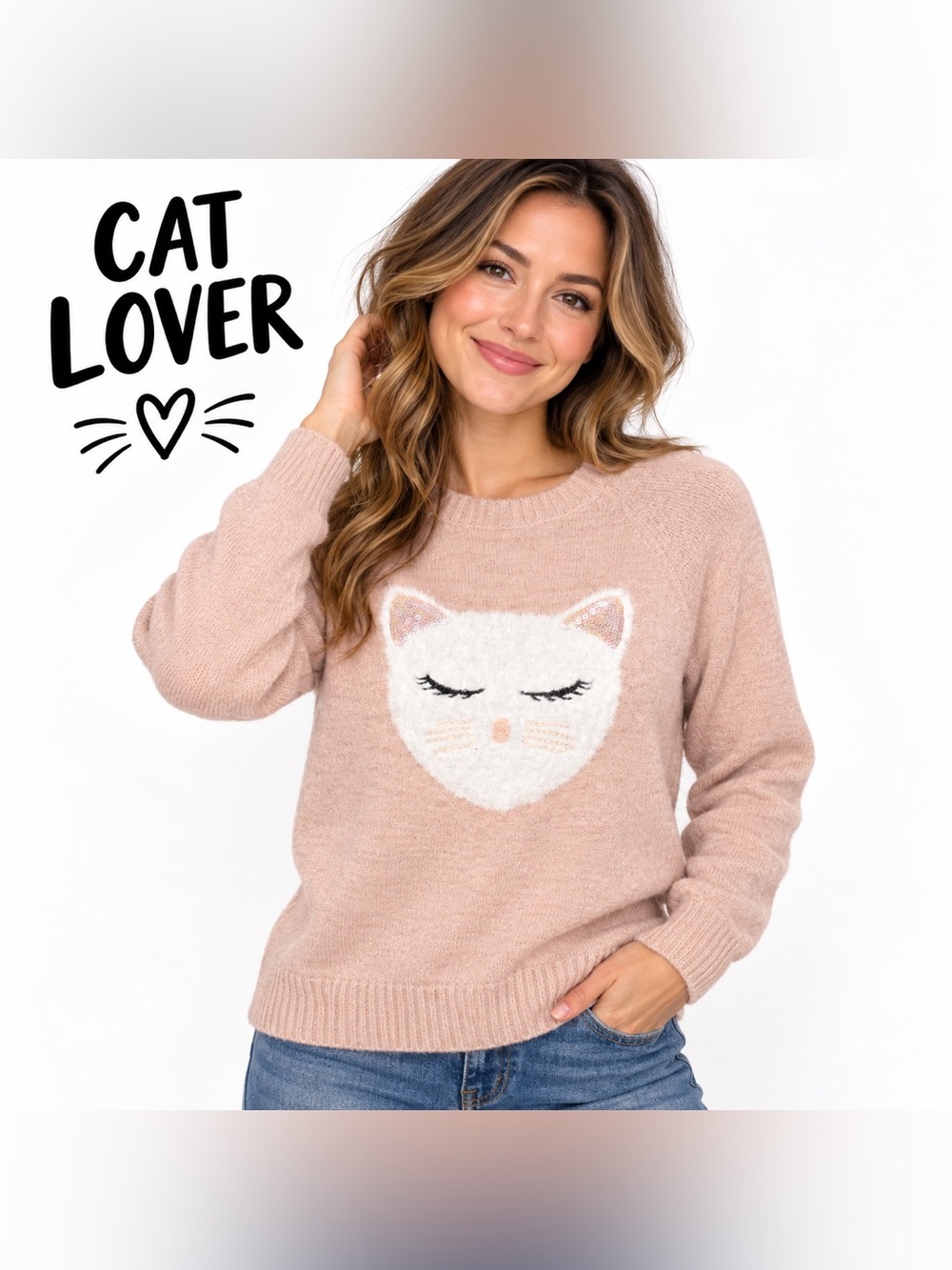 LC Lauren Conrad Pink Metallic Cat Sweater Women’s Small Fuzzy Sequin